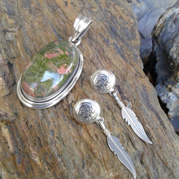 Sterling Silver Unakite Pendant and earrings SET - Picture 2 of 7